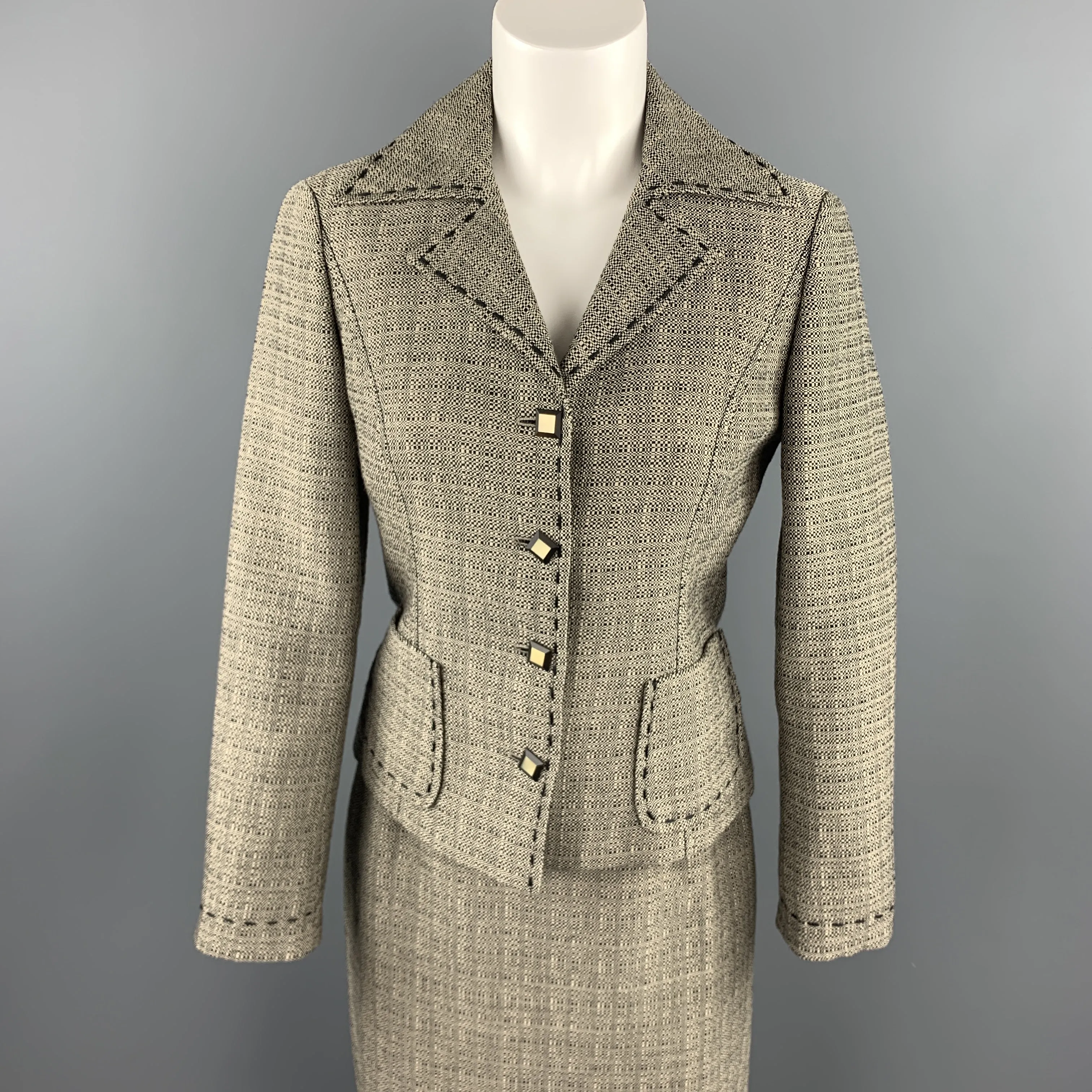 ALBERTA FERRETTI Size 6 Black & Beige Woven Wool Pencil Skirt-Suit