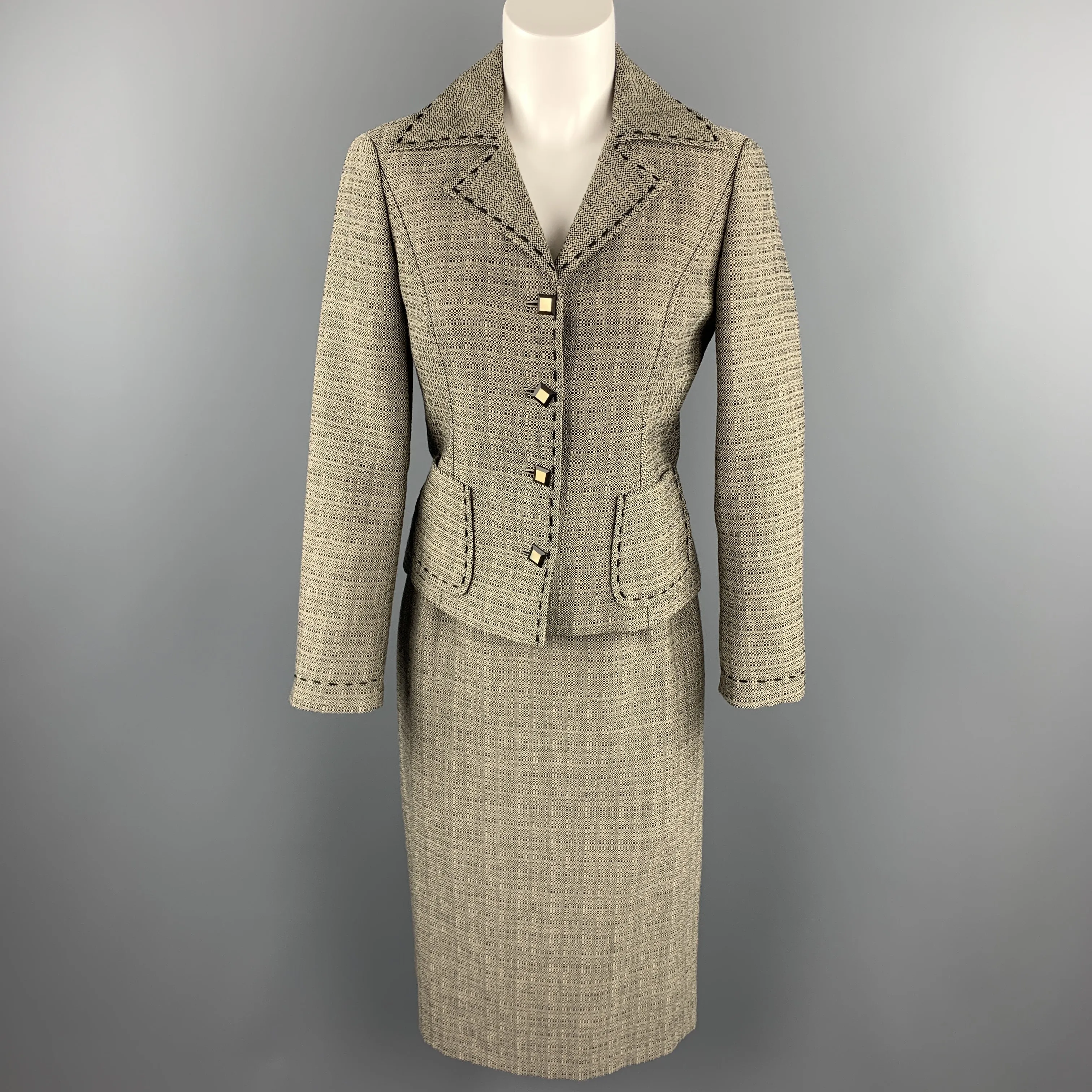 ALBERTA FERRETTI Size 6 Black & Beige Woven Wool Pencil Skirt-Suit