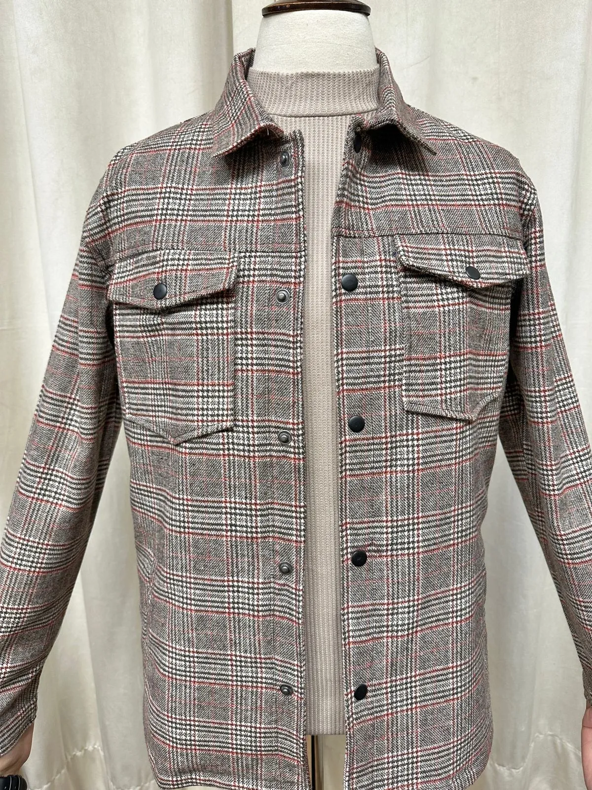 Beige Textured Check Wool Shacket- Men