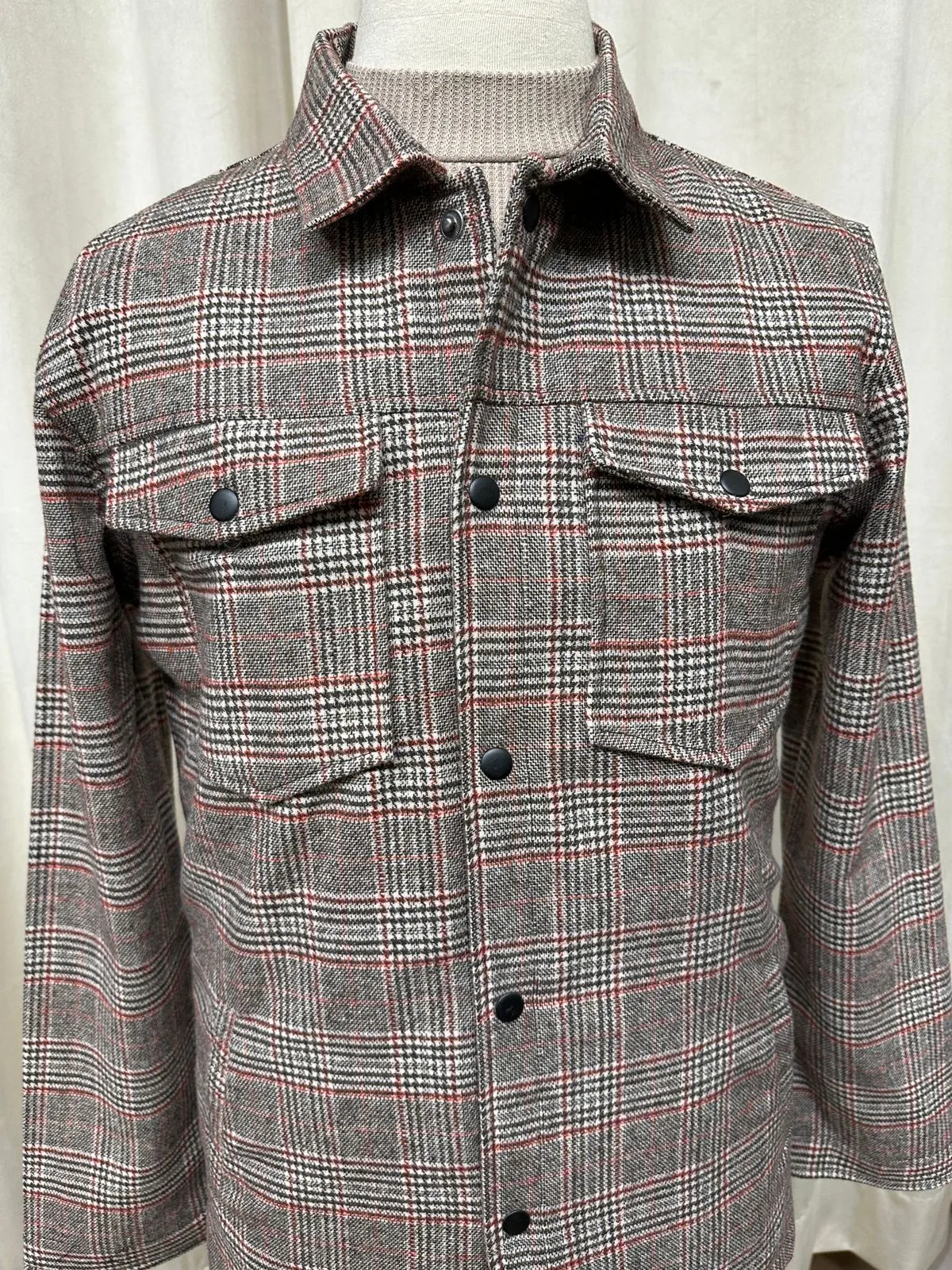 Beige Textured Check Wool Shacket- Men