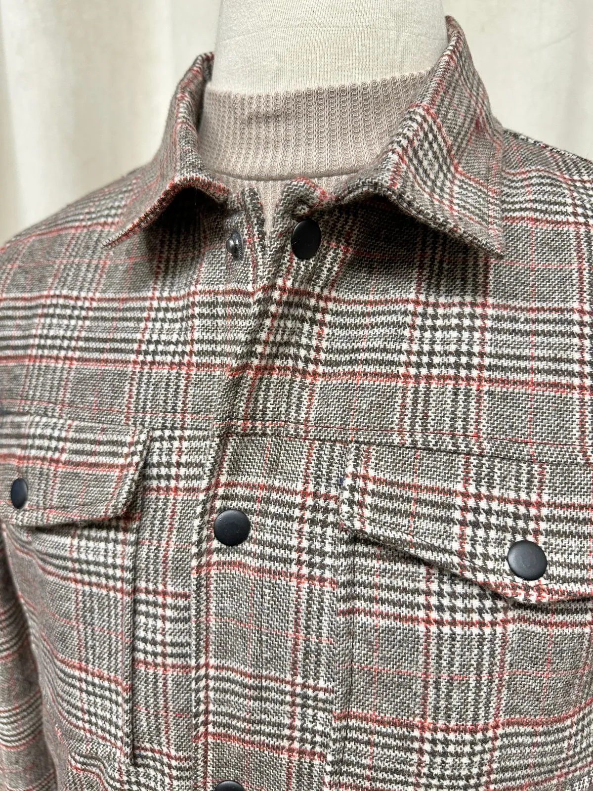 Beige Textured Check Wool Shacket- Men