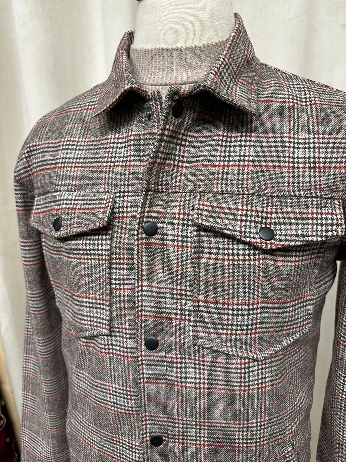 Beige Textured Check Wool Shacket- Men
