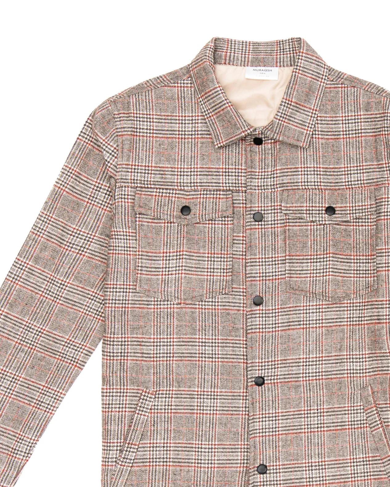 Beige Textured Check Wool Shacket- Men