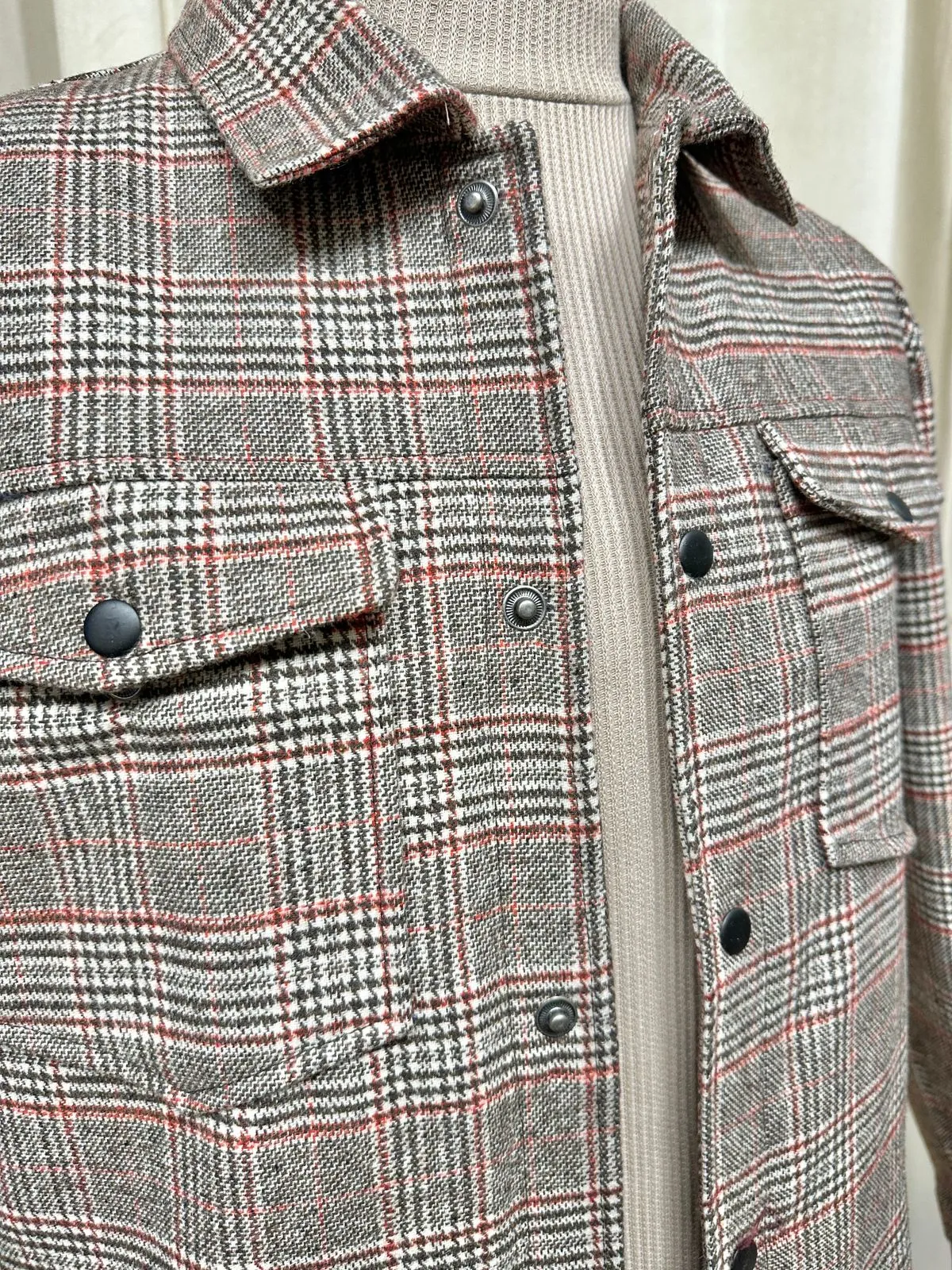 Beige Textured Check Wool Shacket- Men