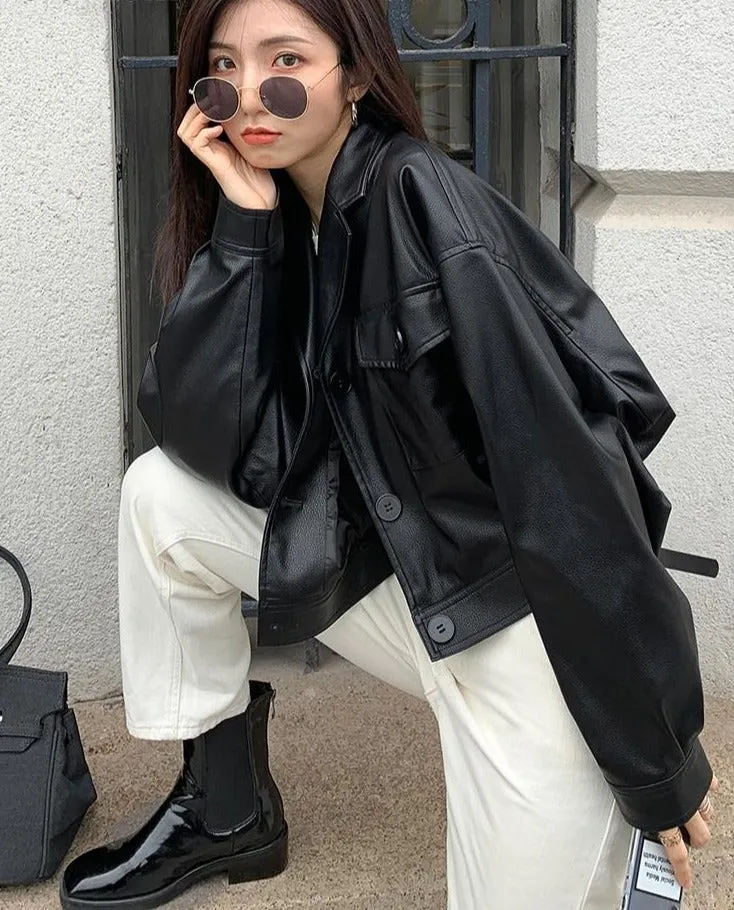 Black Leather Jacket | Women Leather Jacket | Long Sleeve Pockets Button Jacket | Korean Style Jacket | Drop Shoulder Jacket | Short Jacket