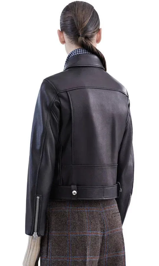 Black Leather Zipper Jacket | Faux Leather Biker Jacket | Women's Motorcycle Jacket with Belt | Turndown Collar Jacket | Motor Biker Jacket