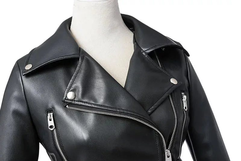 Black Leather Zipper Jacket | Faux Leather Biker Jacket | Women's Motorcycle Jacket with Belt | Turndown Collar Jacket | Motor Biker Jacket