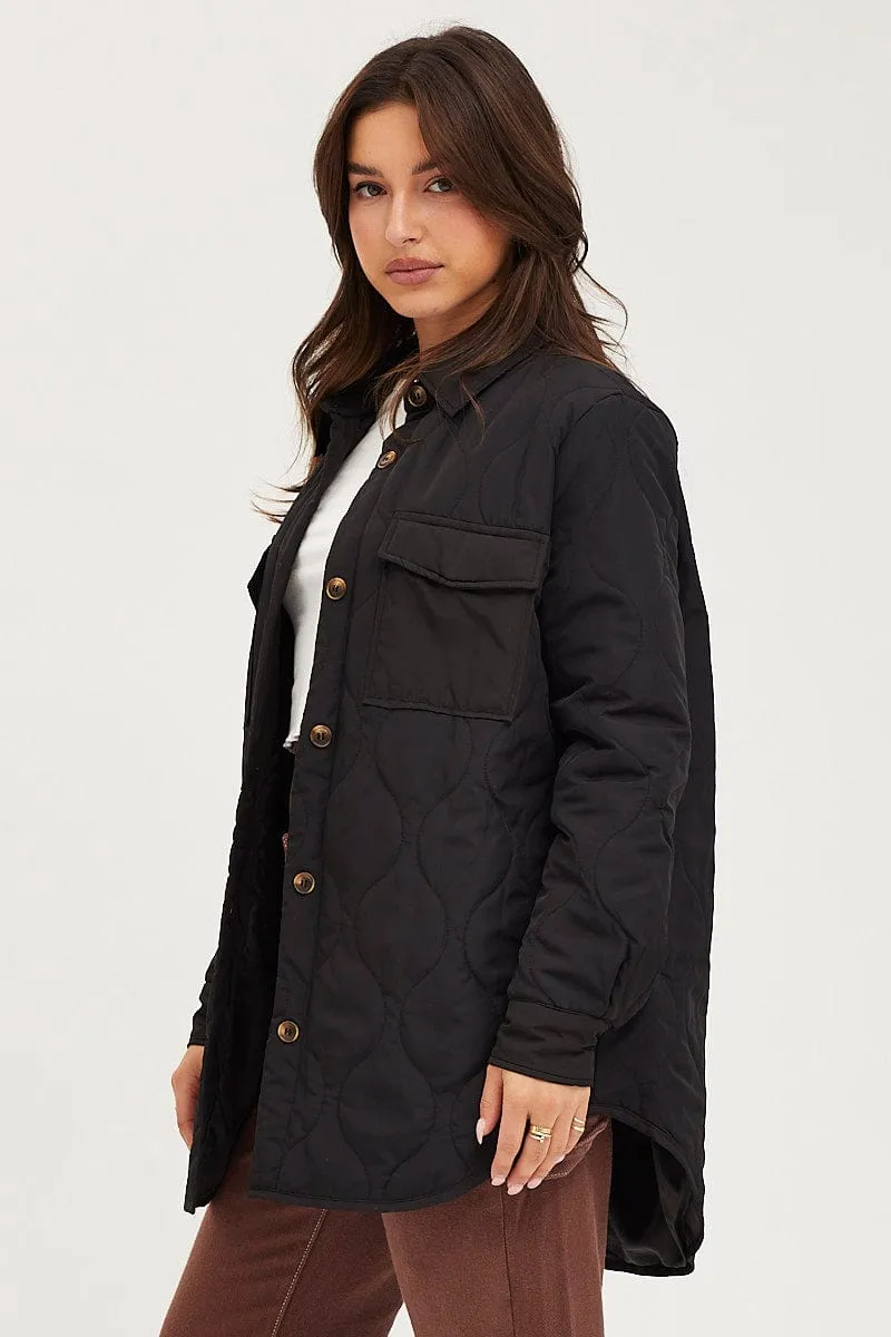Black Quilted Shacket Long Sleeve