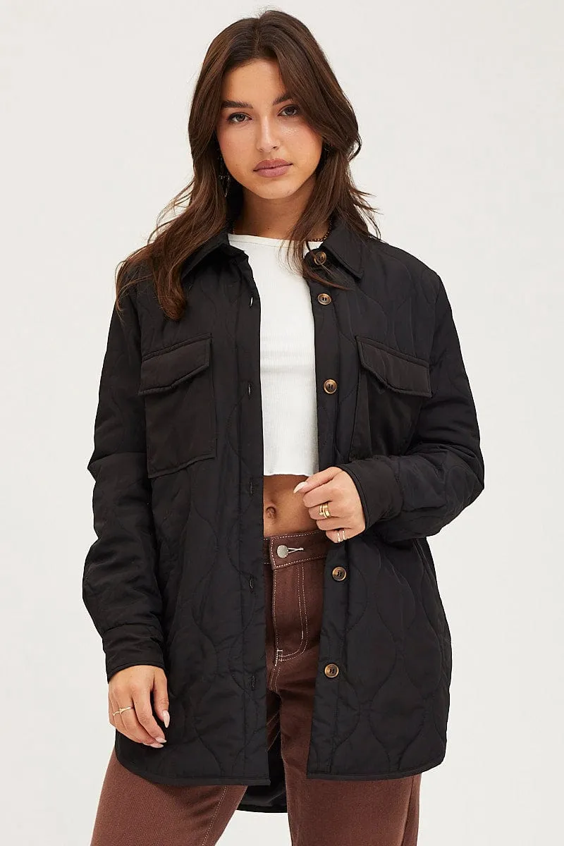 Black Quilted Shacket Long Sleeve