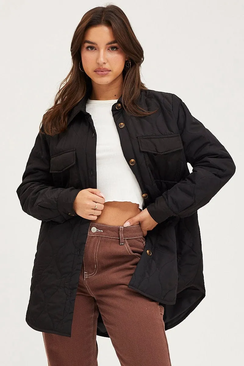 Black Quilted Shacket Long Sleeve