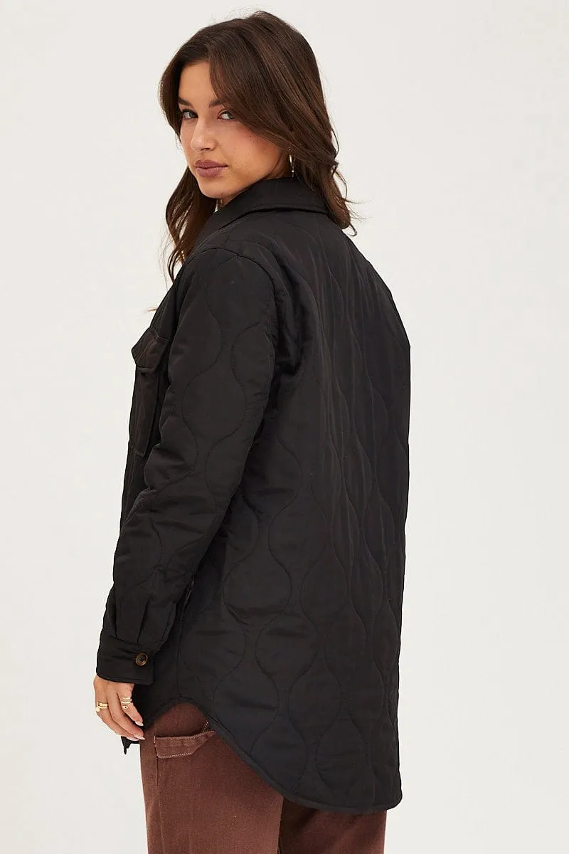 Black Quilted Shacket Long Sleeve