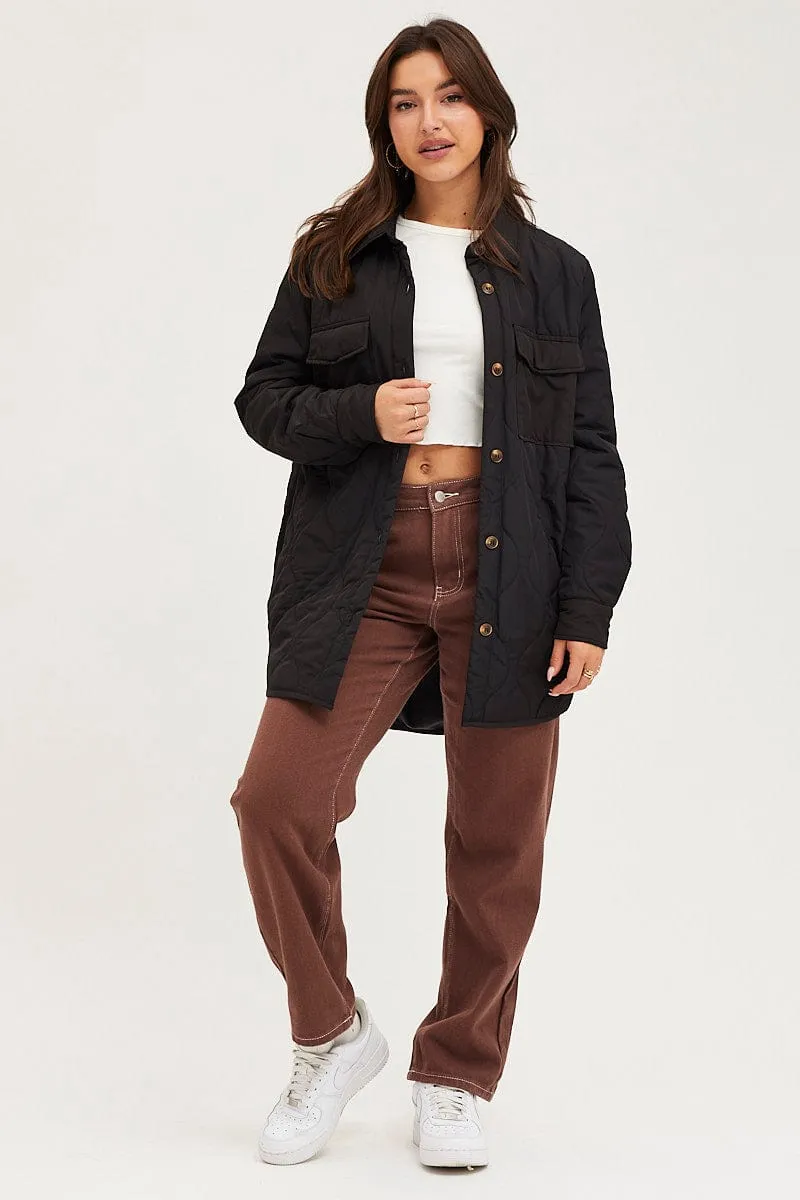 Black Quilted Shacket Long Sleeve