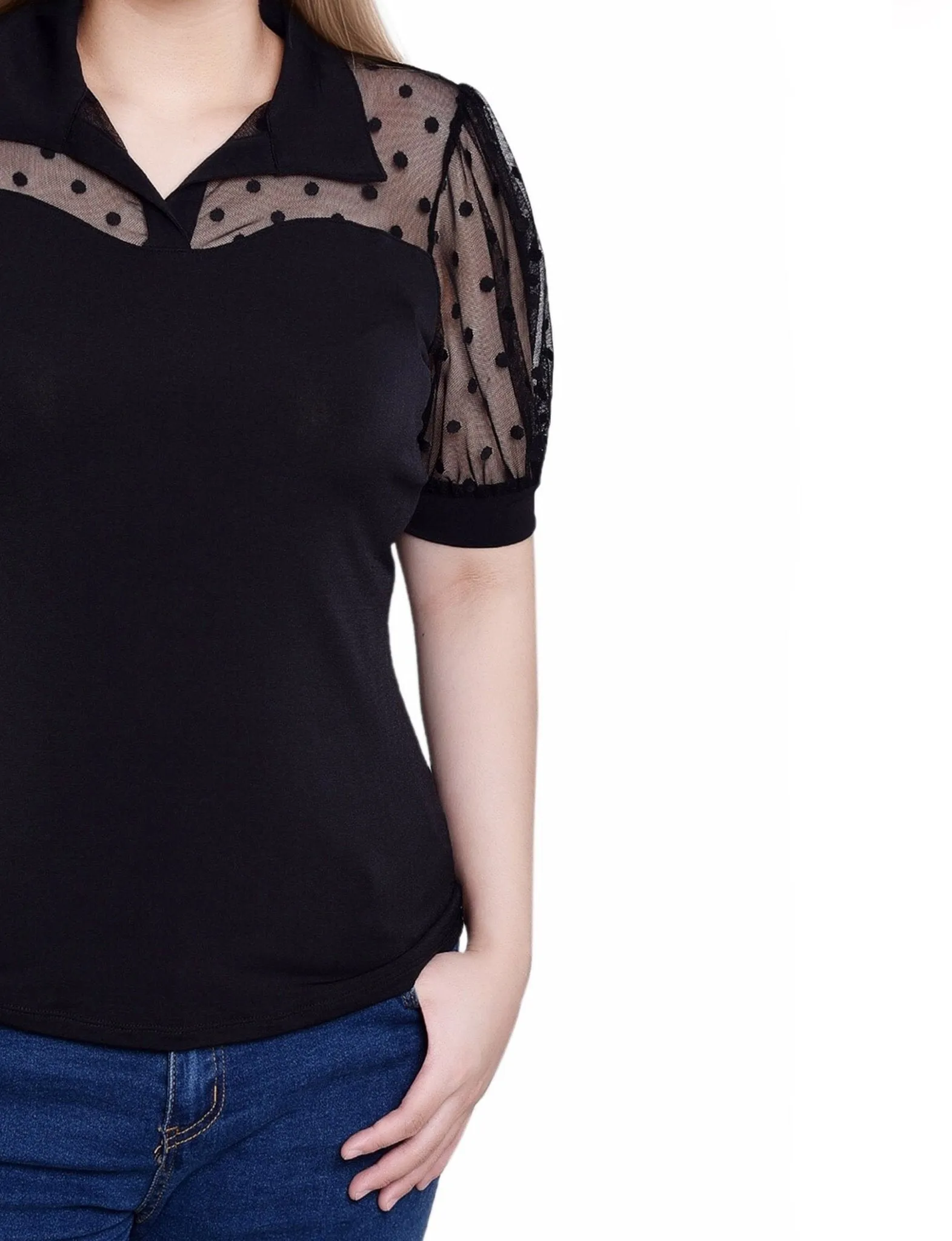 Black Short Sleeve Top With Dotted Mesh - Petite