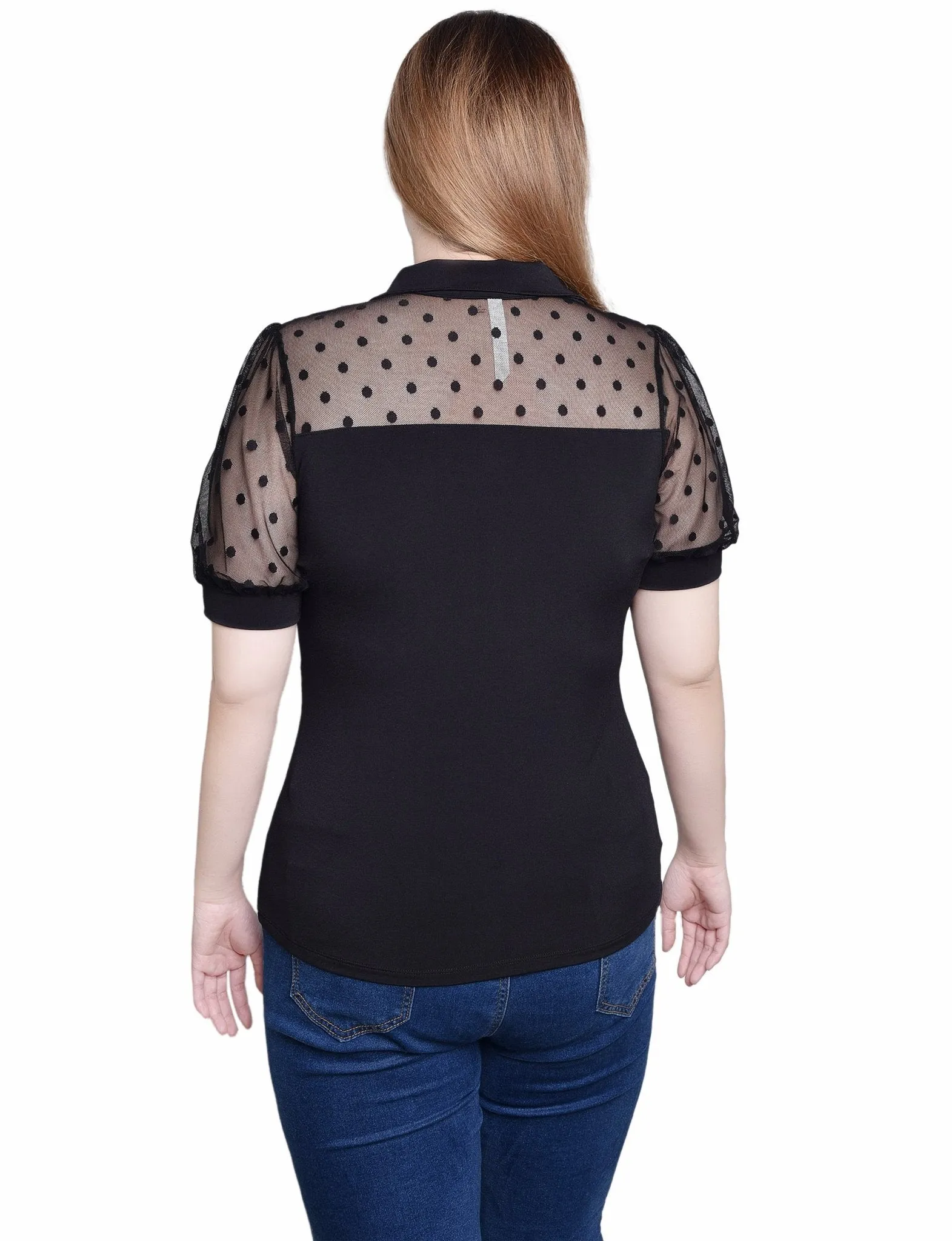 Black Short Sleeve Top With Dotted Mesh - Petite