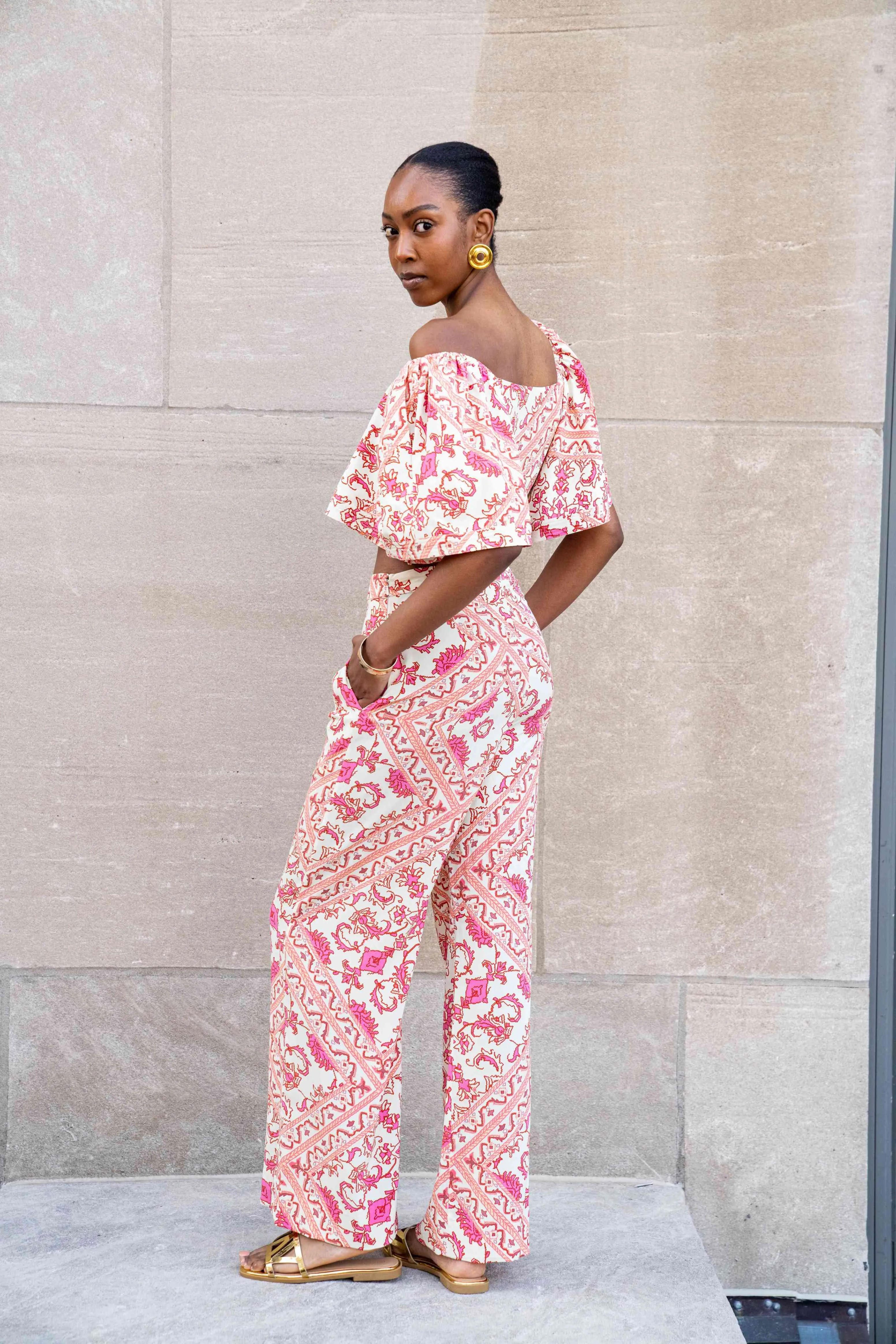 Carpet Print Crepe Silk Volume Sleeve Top