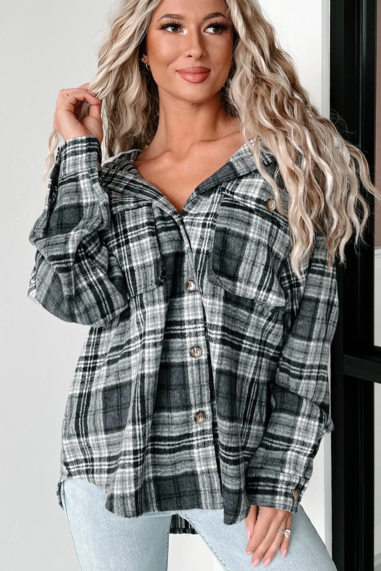 Courtney Hooded Plaid Shacket (Grey)