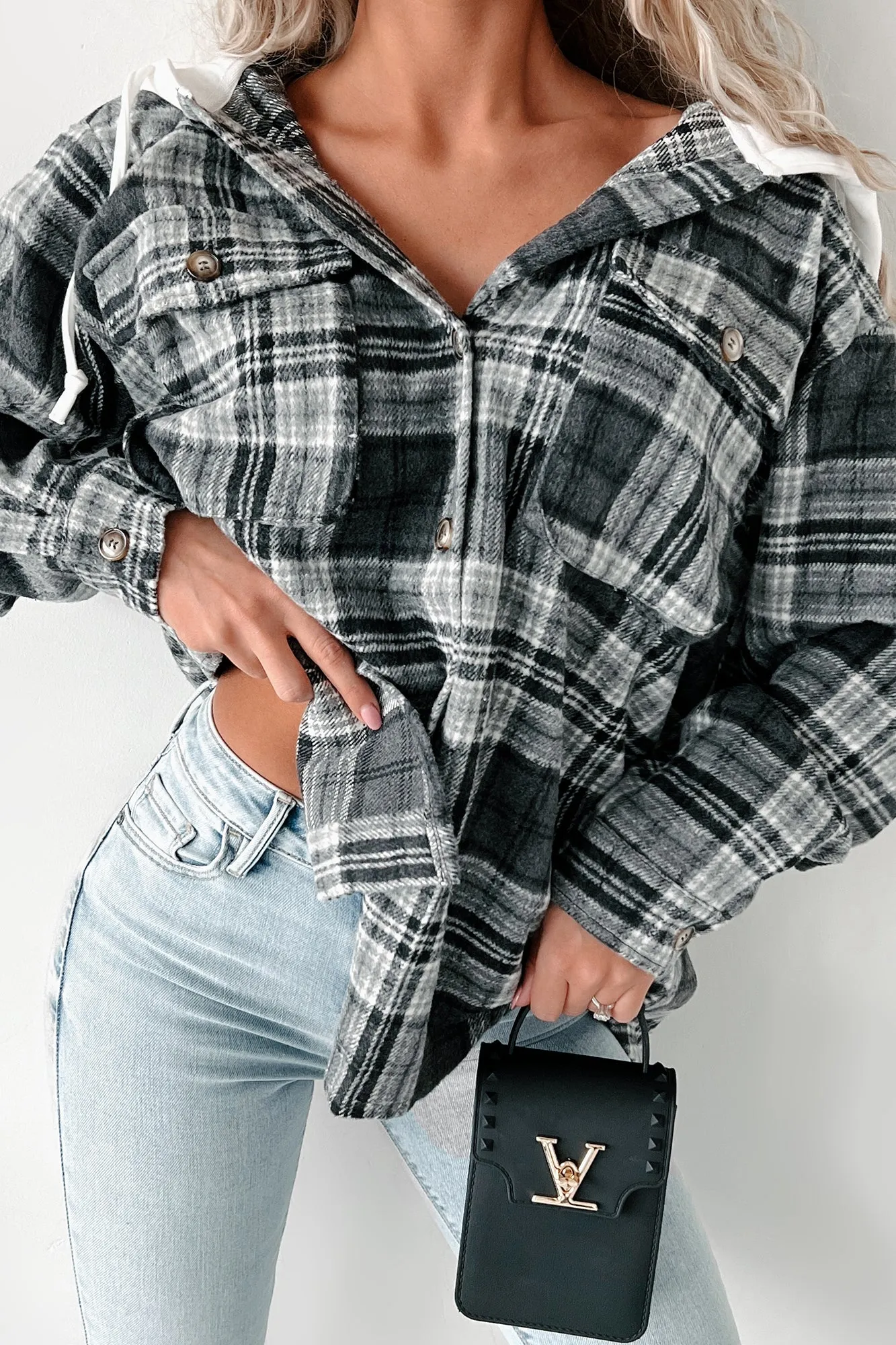 Courtney Hooded Plaid Shacket (Grey)
