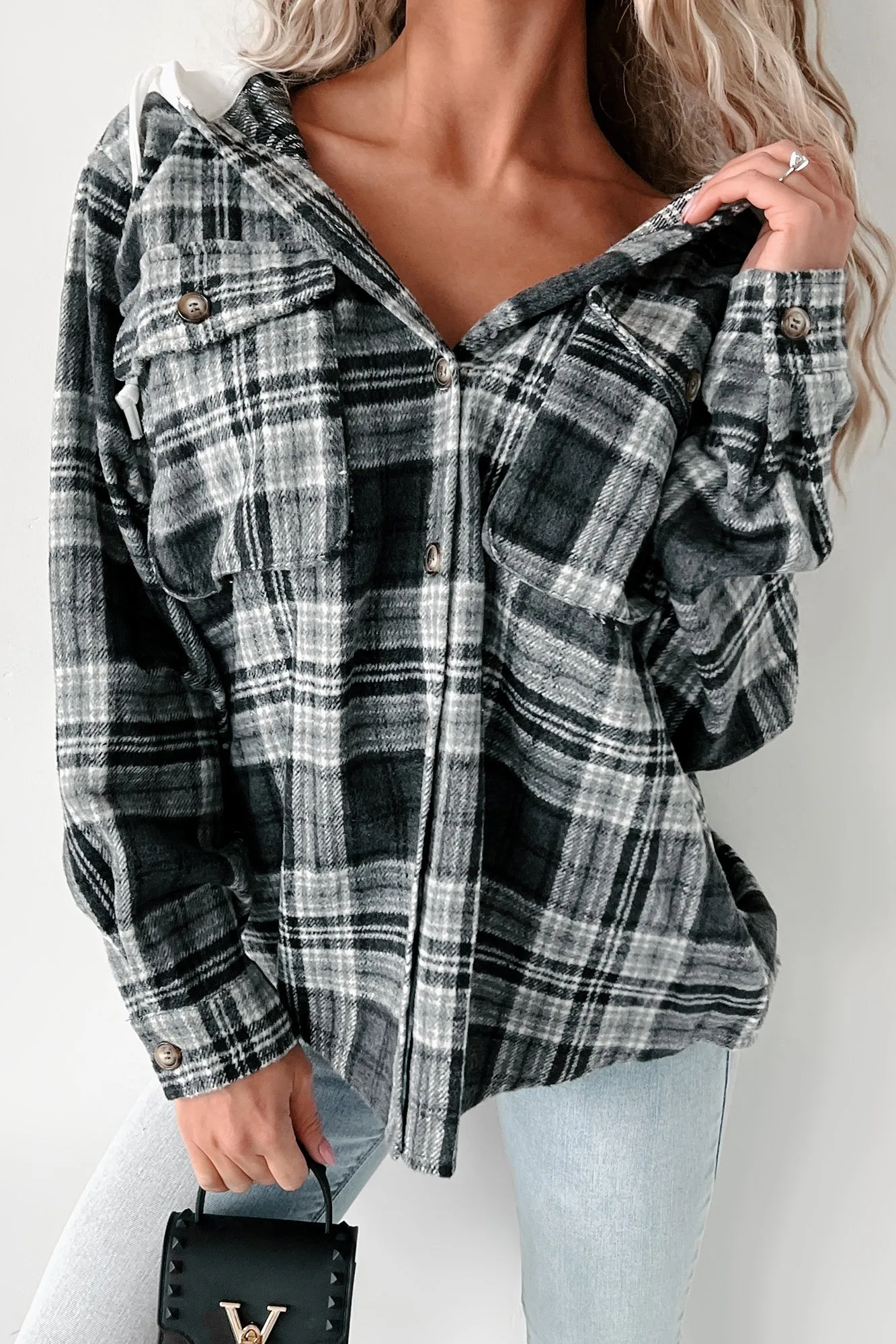 Courtney Hooded Plaid Shacket (Grey)