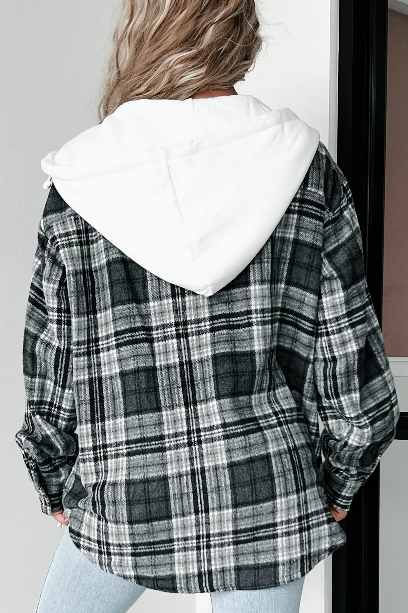 Courtney Hooded Plaid Shacket (Grey)