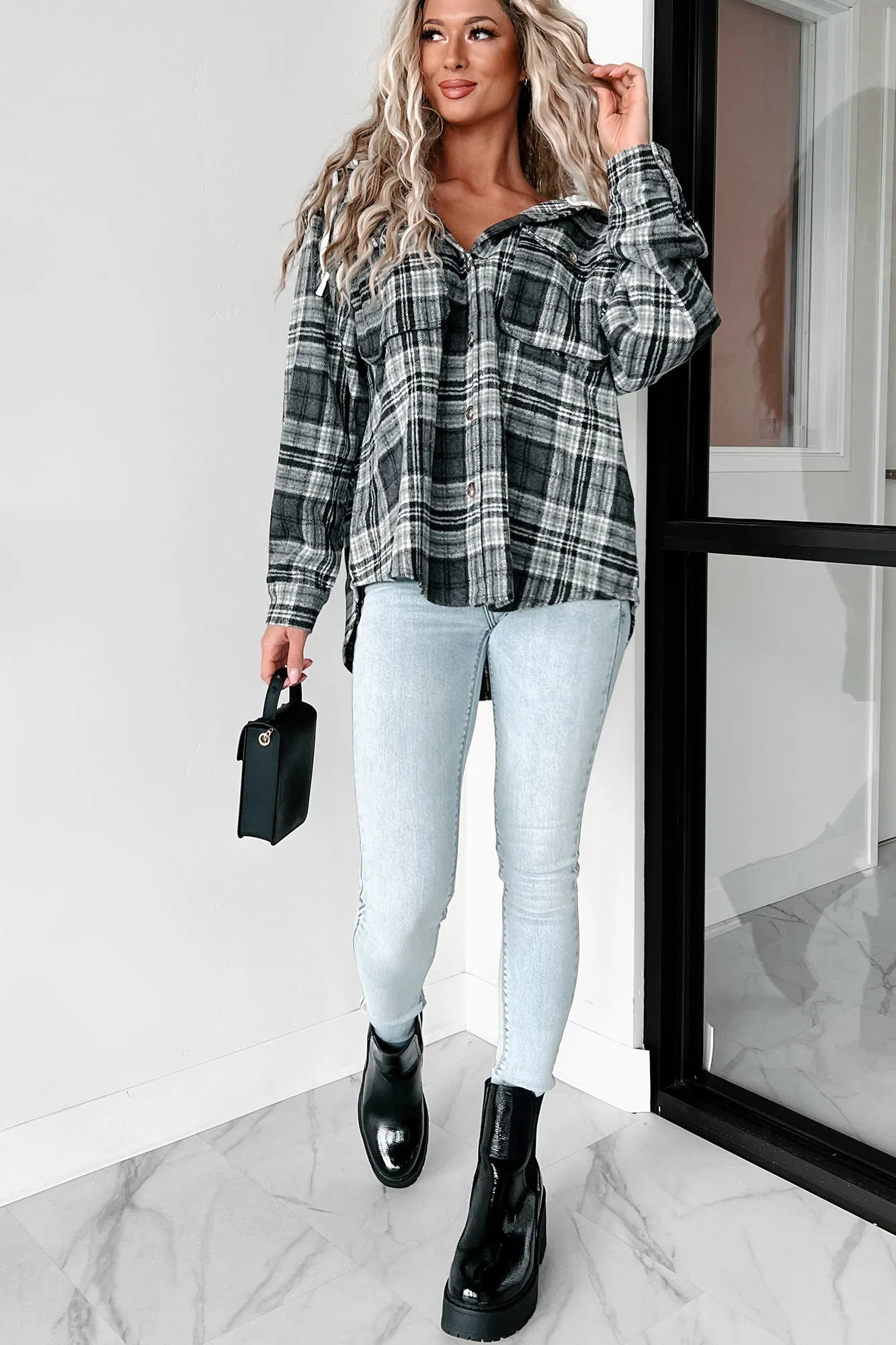 Courtney Hooded Plaid Shacket (Grey)