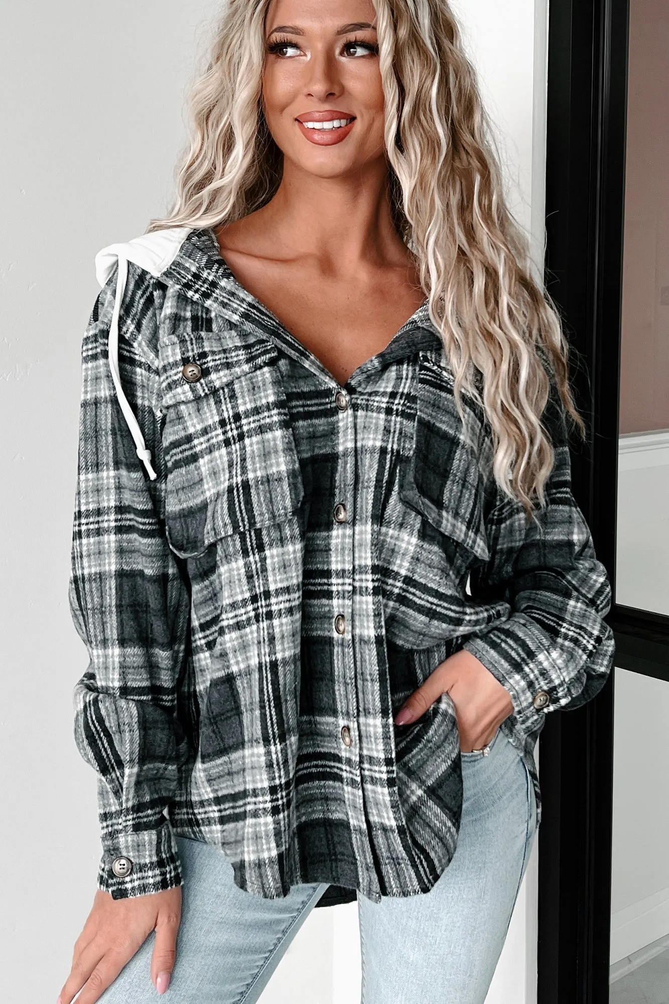 Courtney Hooded Plaid Shacket (Grey)