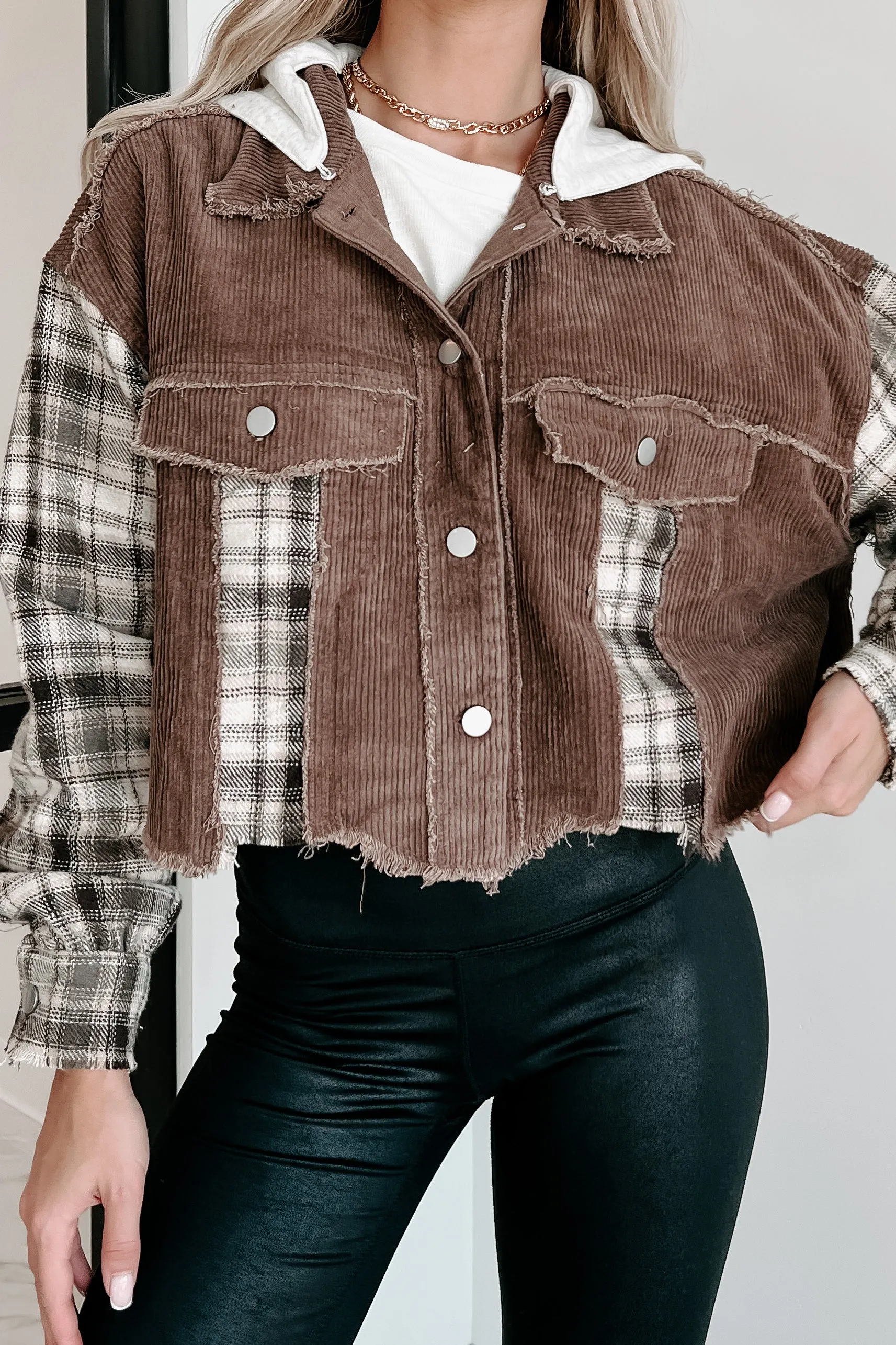 Deep Thinking Mix Media Cropped Shacket (Brown Multi)