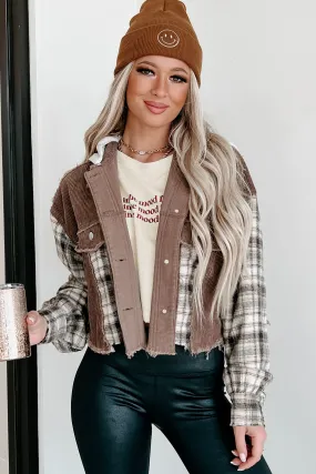 Deep Thinking Mix Media Cropped Shacket (Brown Multi)