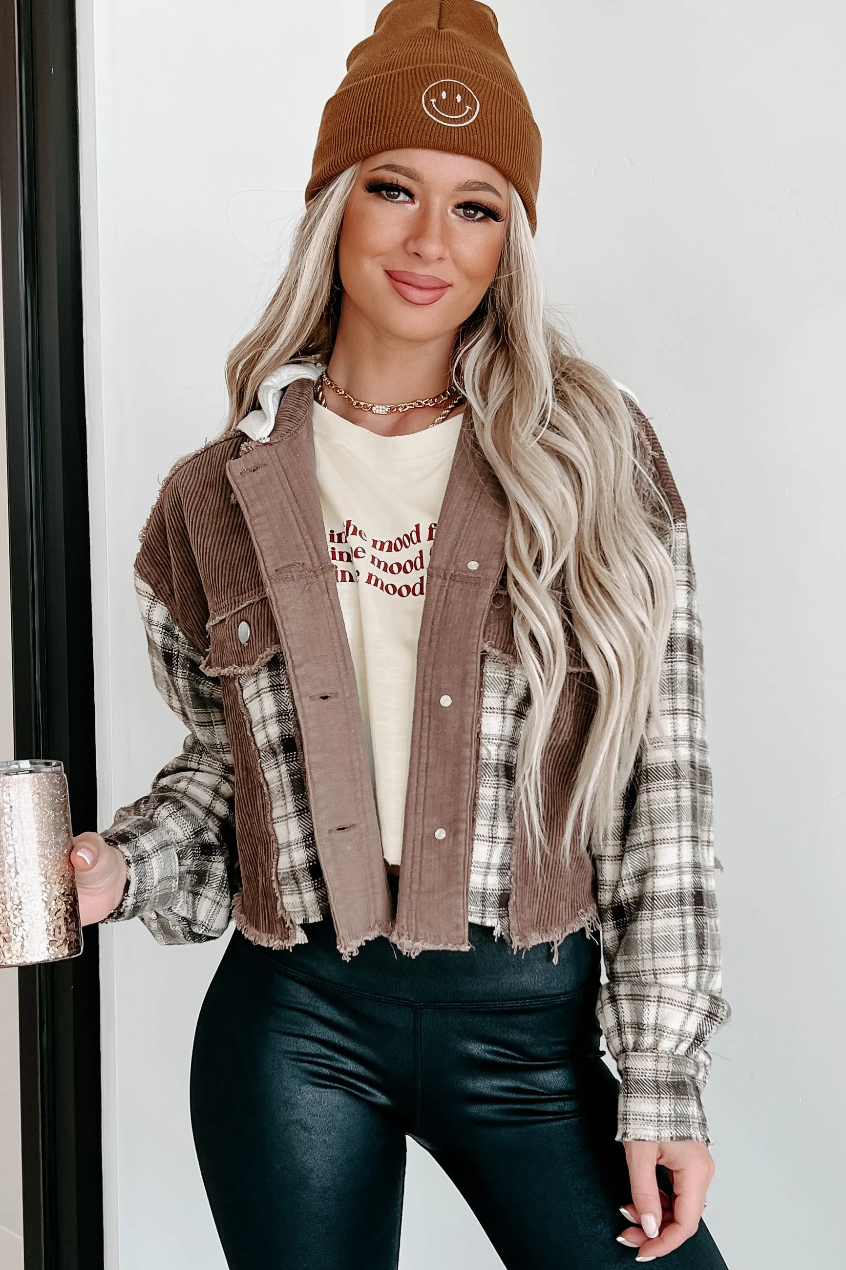 Deep Thinking Mix Media Cropped Shacket (Brown Multi)
