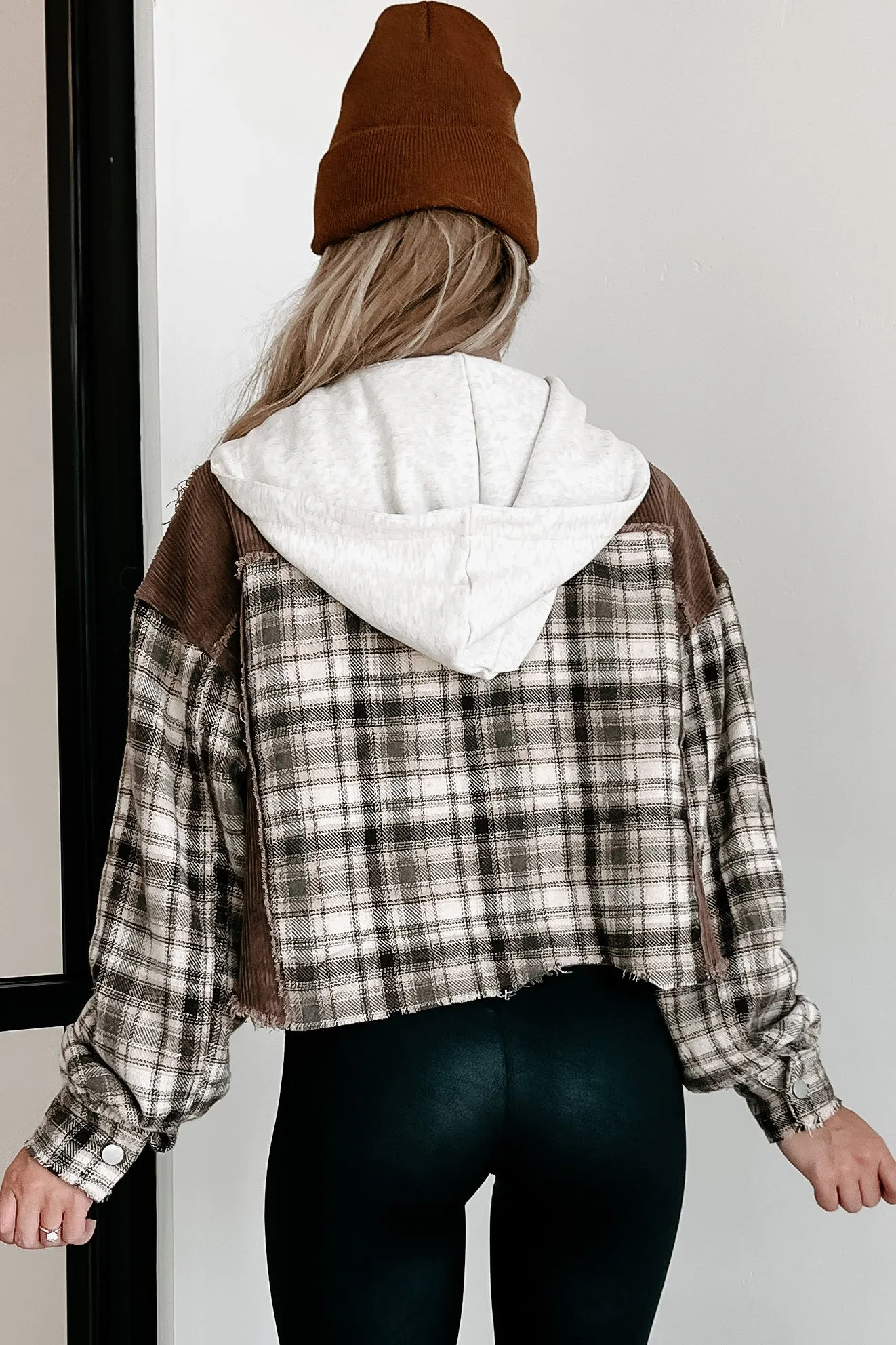 Deep Thinking Mix Media Cropped Shacket (Brown Multi)