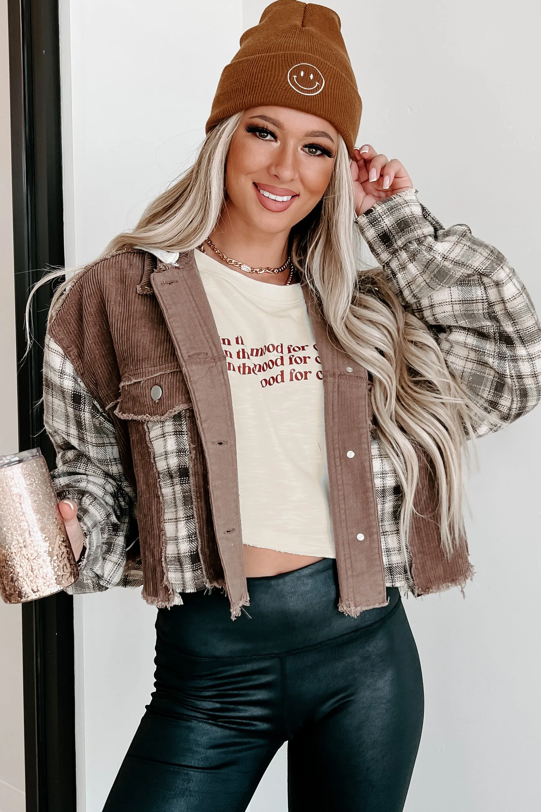 Deep Thinking Mix Media Cropped Shacket (Brown Multi)
