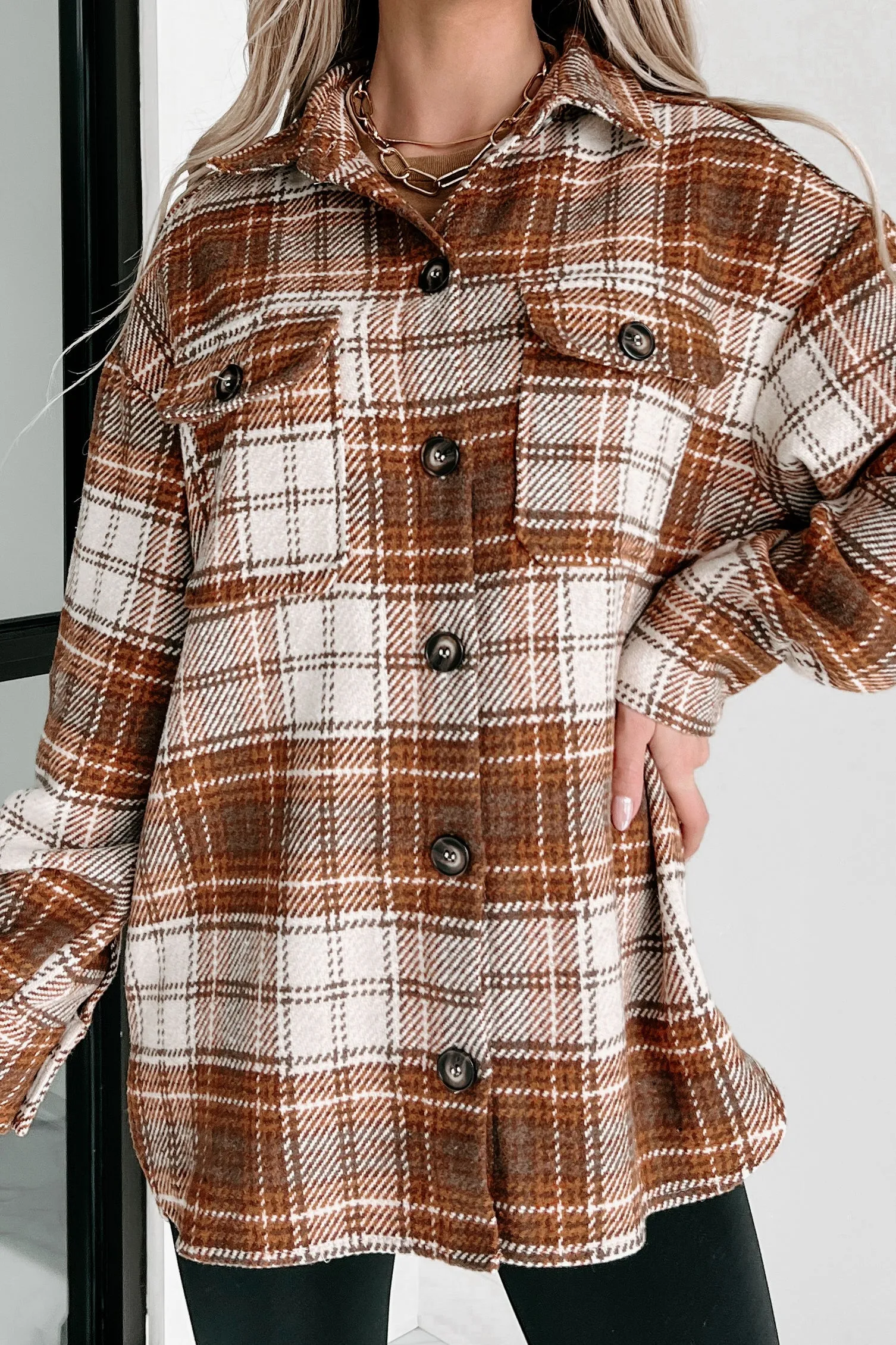 Deserving Praise Plaid Shacket (Ecru/Camel)
