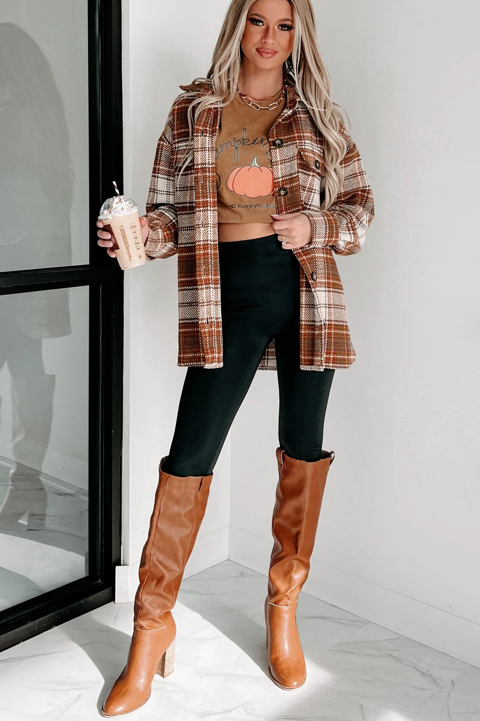 Deserving Praise Plaid Shacket (Ecru/Camel)