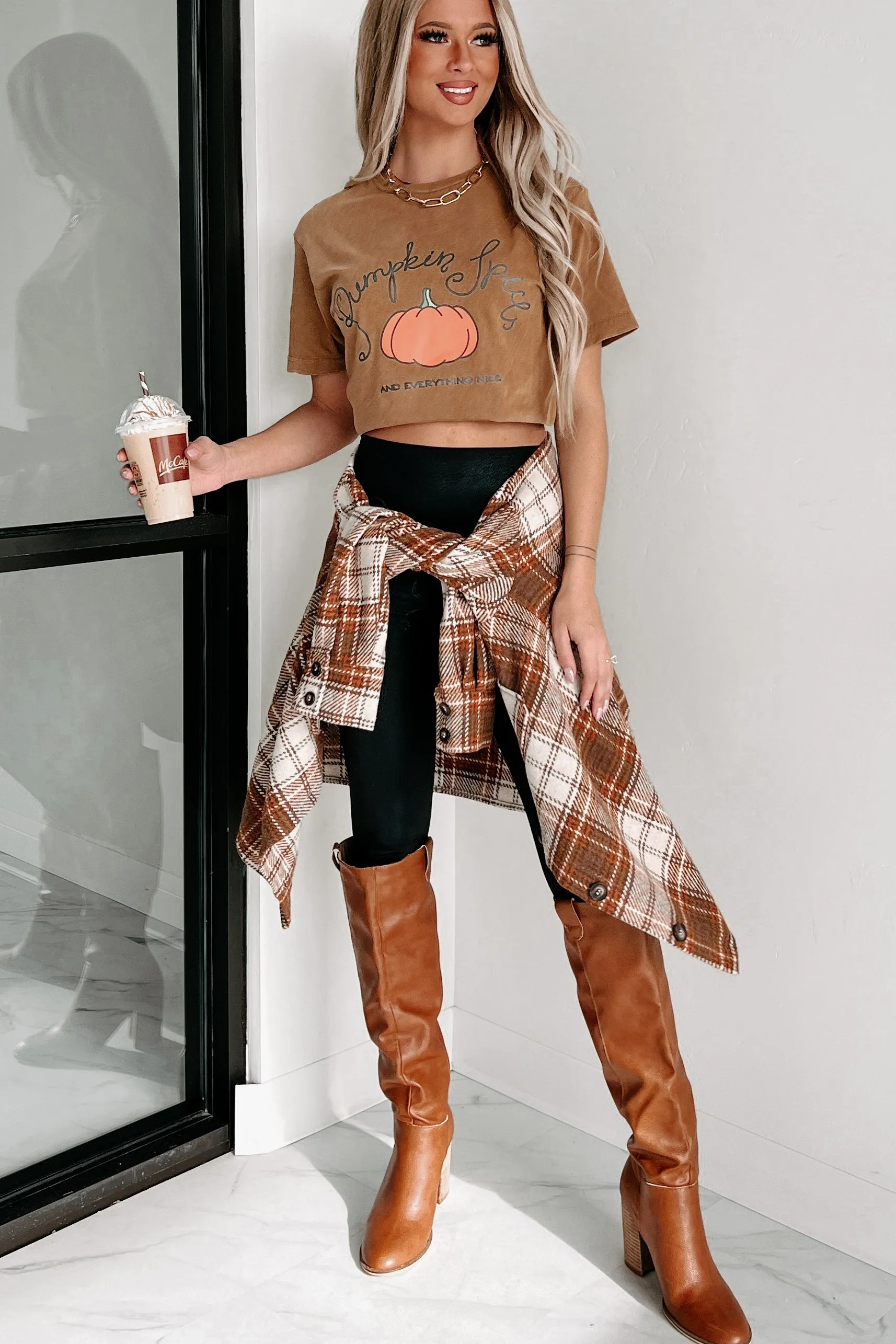 Deserving Praise Plaid Shacket (Ecru/Camel)