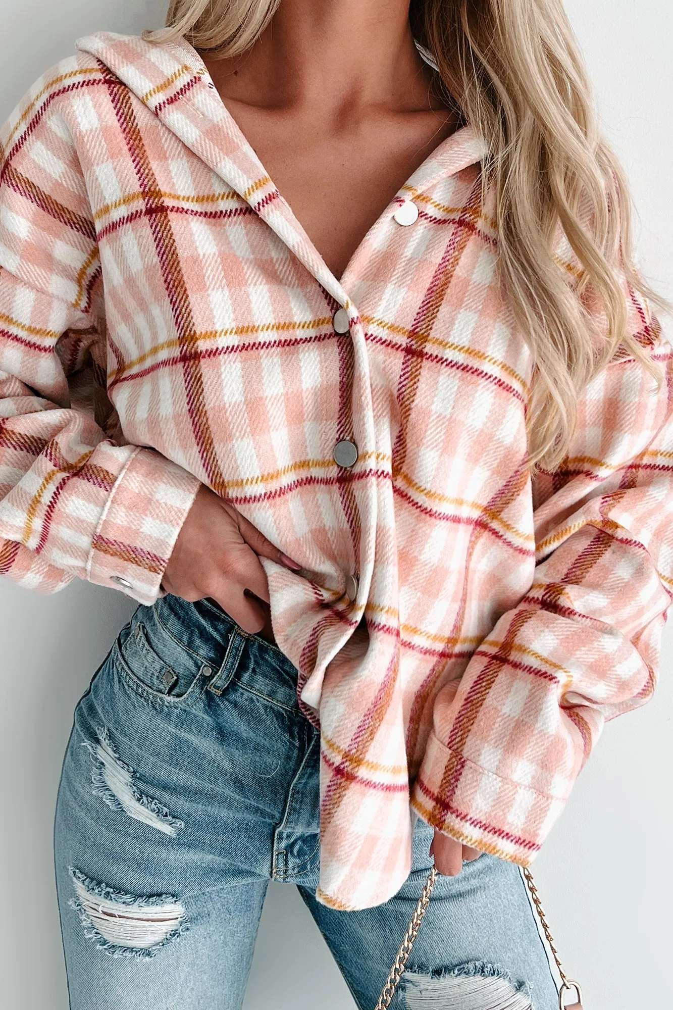 Doorbuster Out In The Pines Plaid Shacket (Pink Multi)