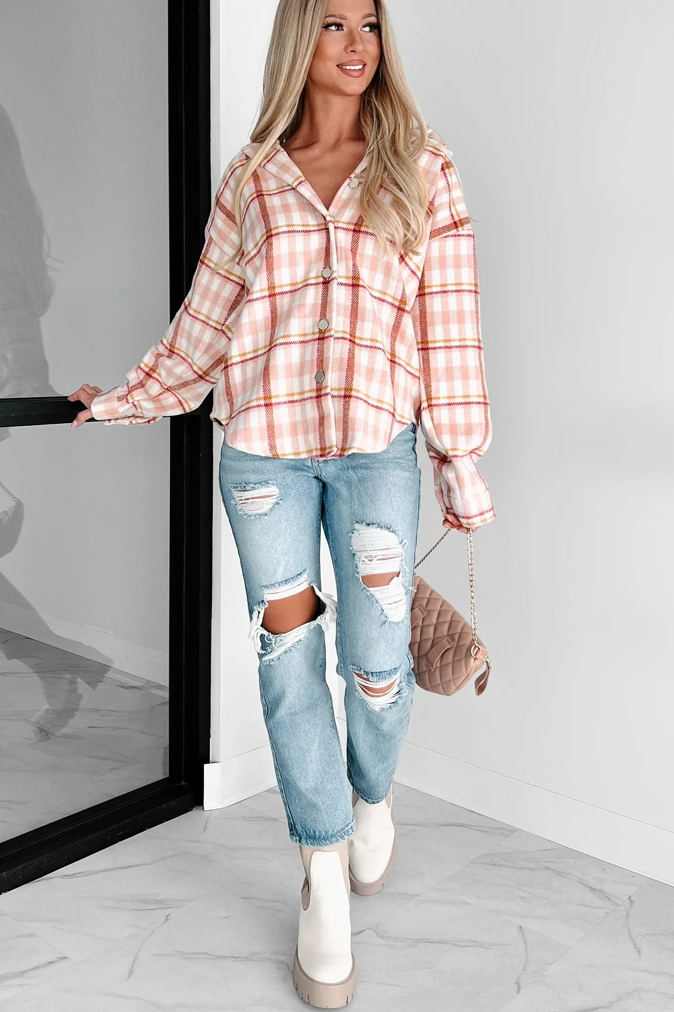 Doorbuster Out In The Pines Plaid Shacket (Pink Multi)