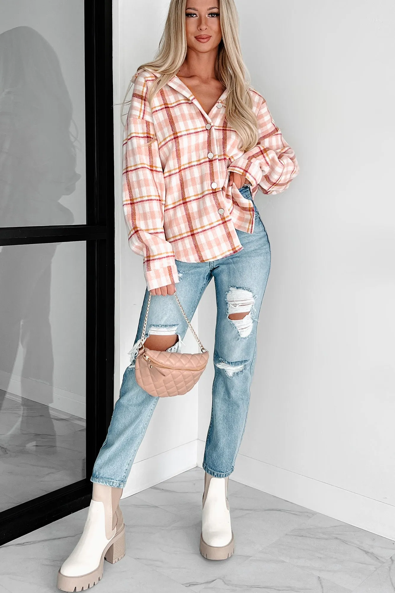Doorbuster Out In The Pines Plaid Shacket (Pink Multi)