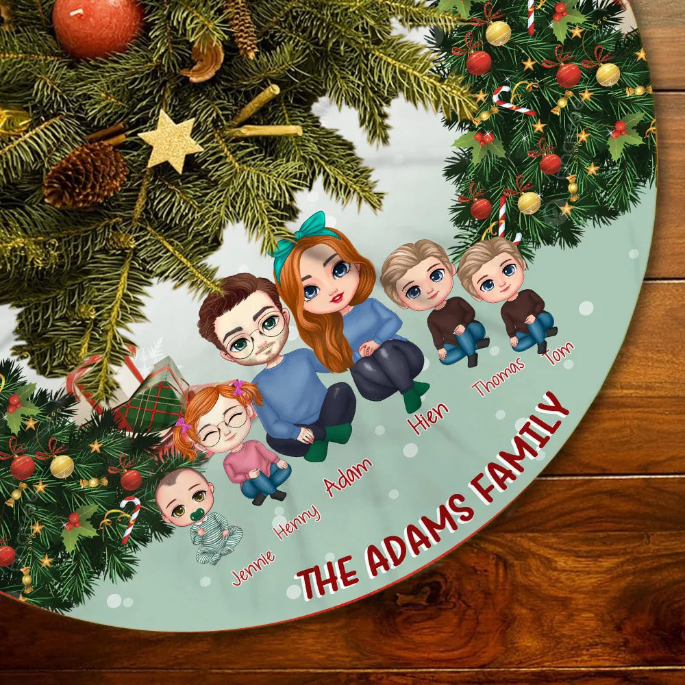 Family Gather Next To X-mas Tree Personalized Christmas Pencil Tree Skirt