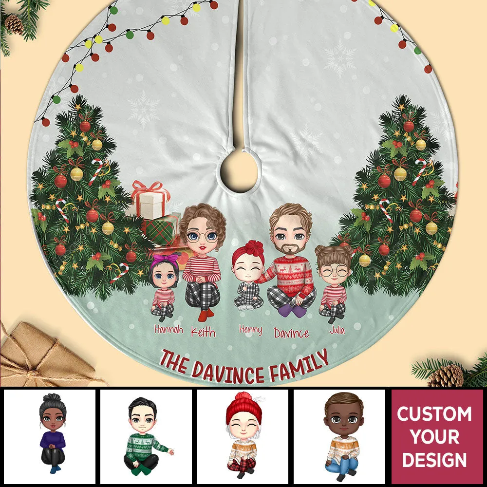 Family Gather Next To X-mas Tree Personalized Christmas Pencil Tree Skirt