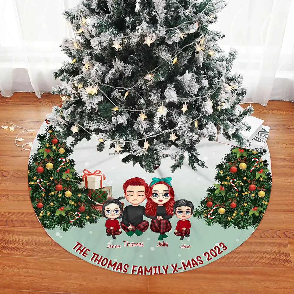 Family Gather Next To X-mas Tree Personalized Christmas Pencil Tree Skirt