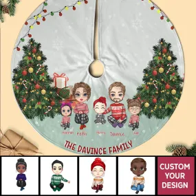 Family Gather Next To X-mas Tree Personalized Christmas Pencil Tree Skirt