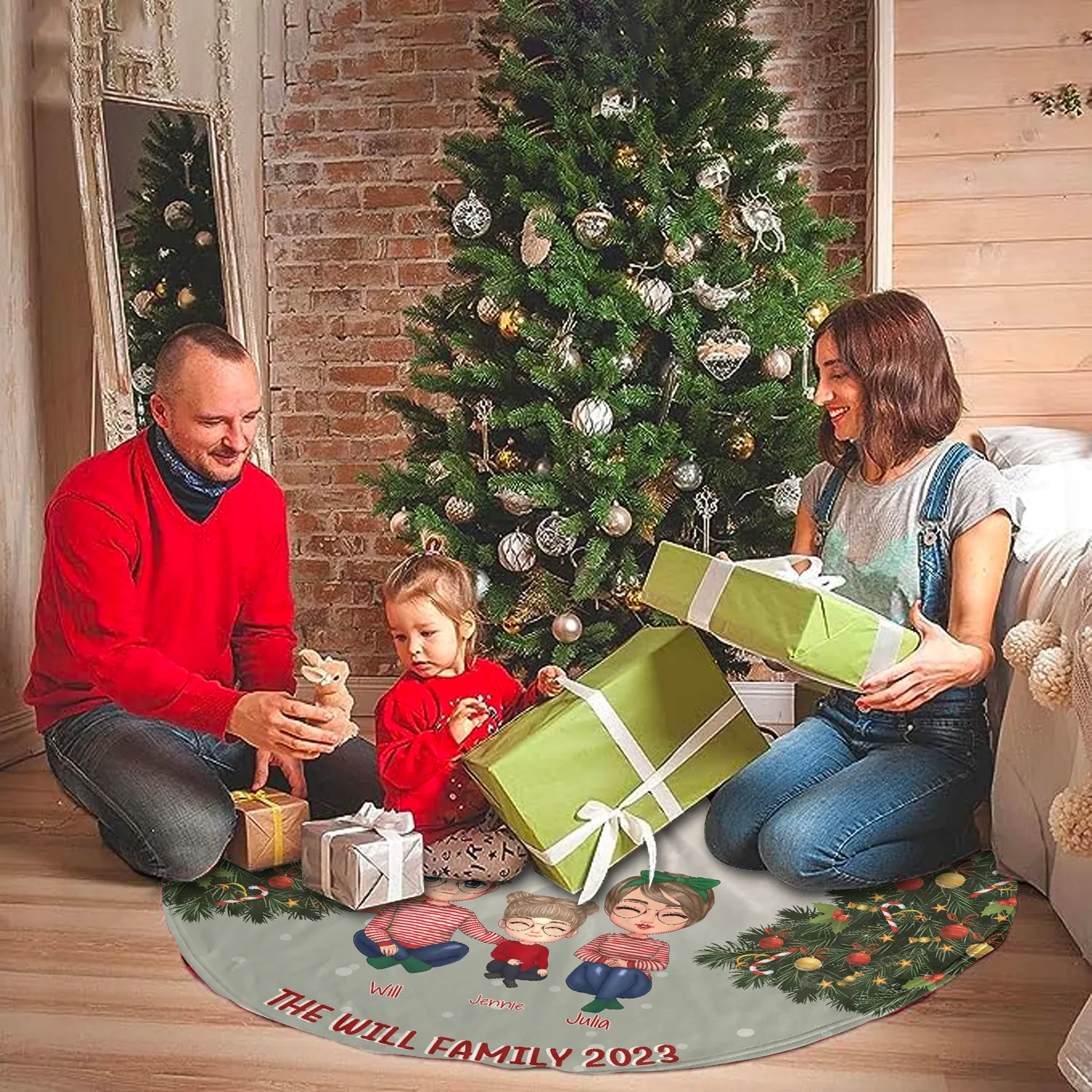 Family Gather Next To X-mas Tree Personalized Christmas Pencil Tree Skirt