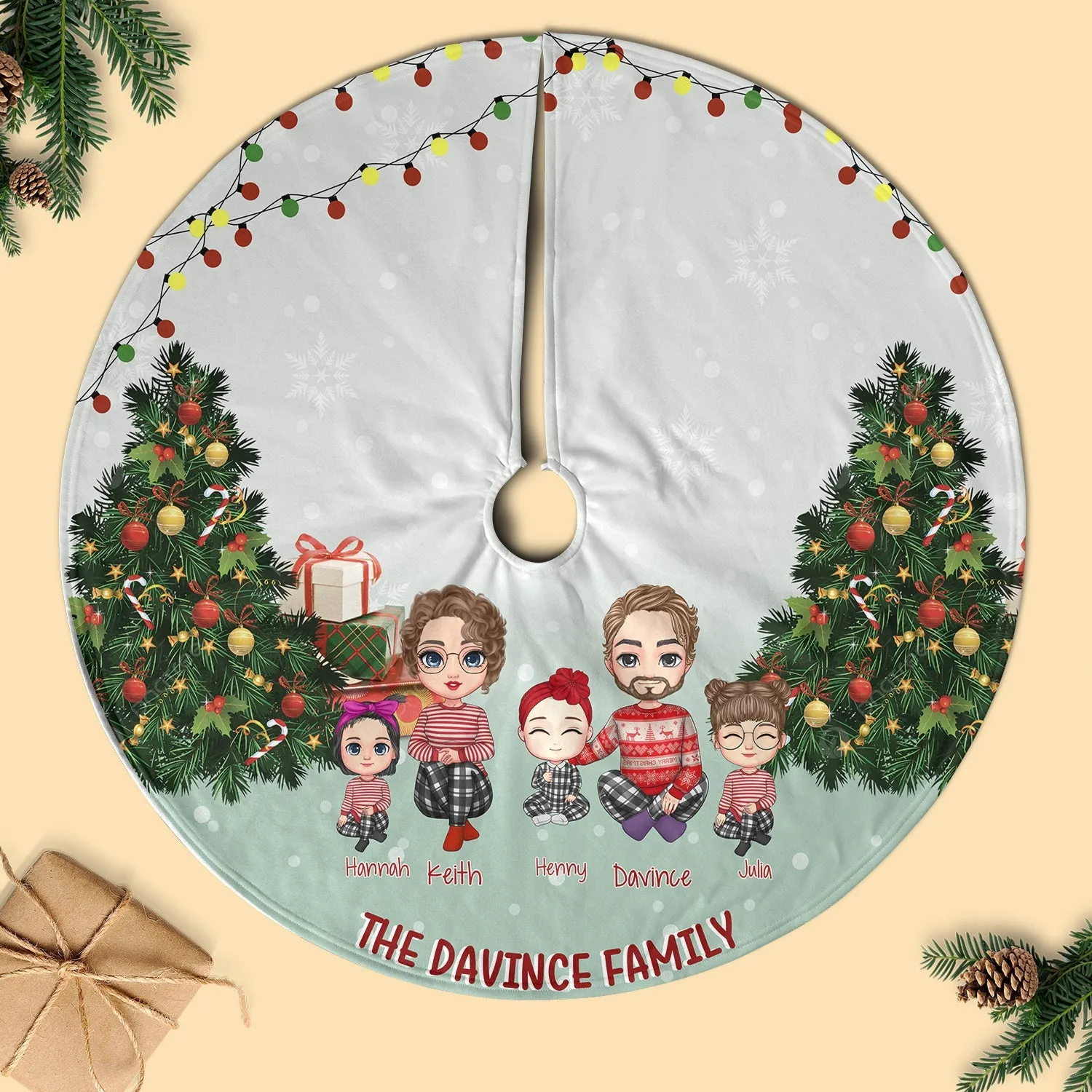 Family Gather Next To X-mas Tree Personalized Christmas Pencil Tree Skirt