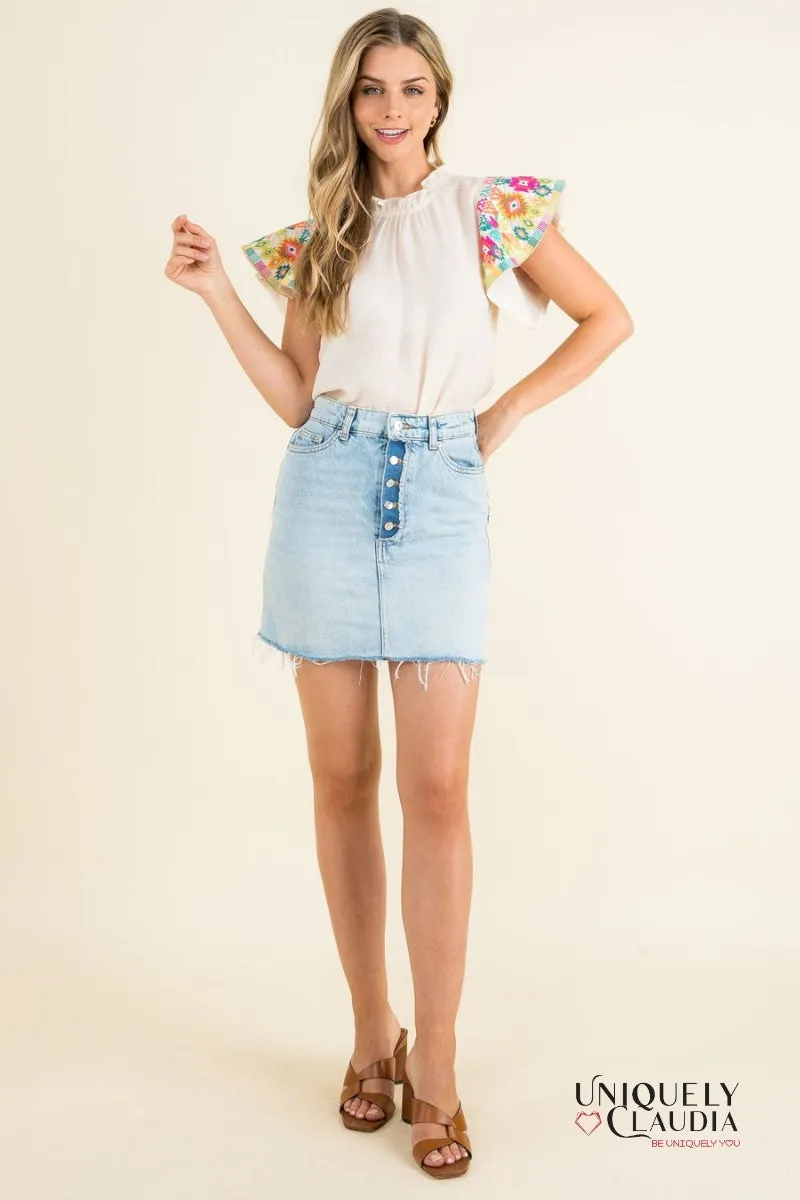 Grethel Embroidered Ruffle Sleeves Top