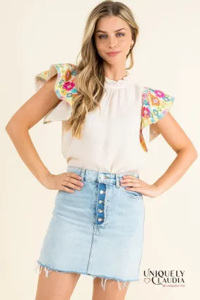 Grethel Embroidered Ruffle Sleeves Top