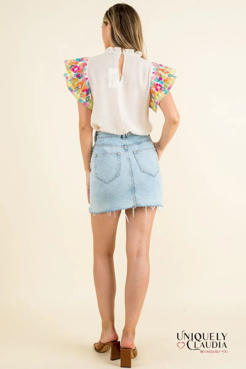 Grethel Embroidered Ruffle Sleeves Top