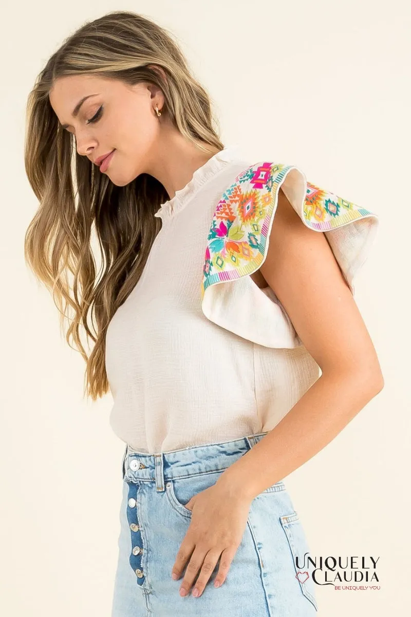 Grethel Embroidered Ruffle Sleeves Top