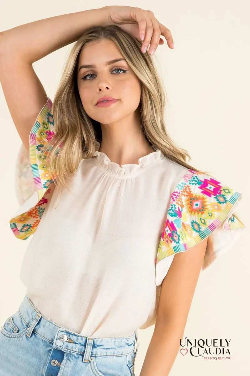 Grethel Embroidered Ruffle Sleeves Top