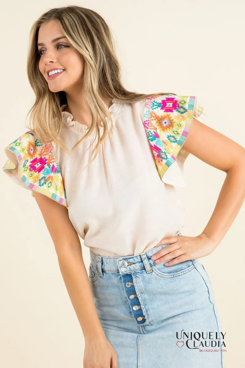 Grethel Embroidered Ruffle Sleeves Top