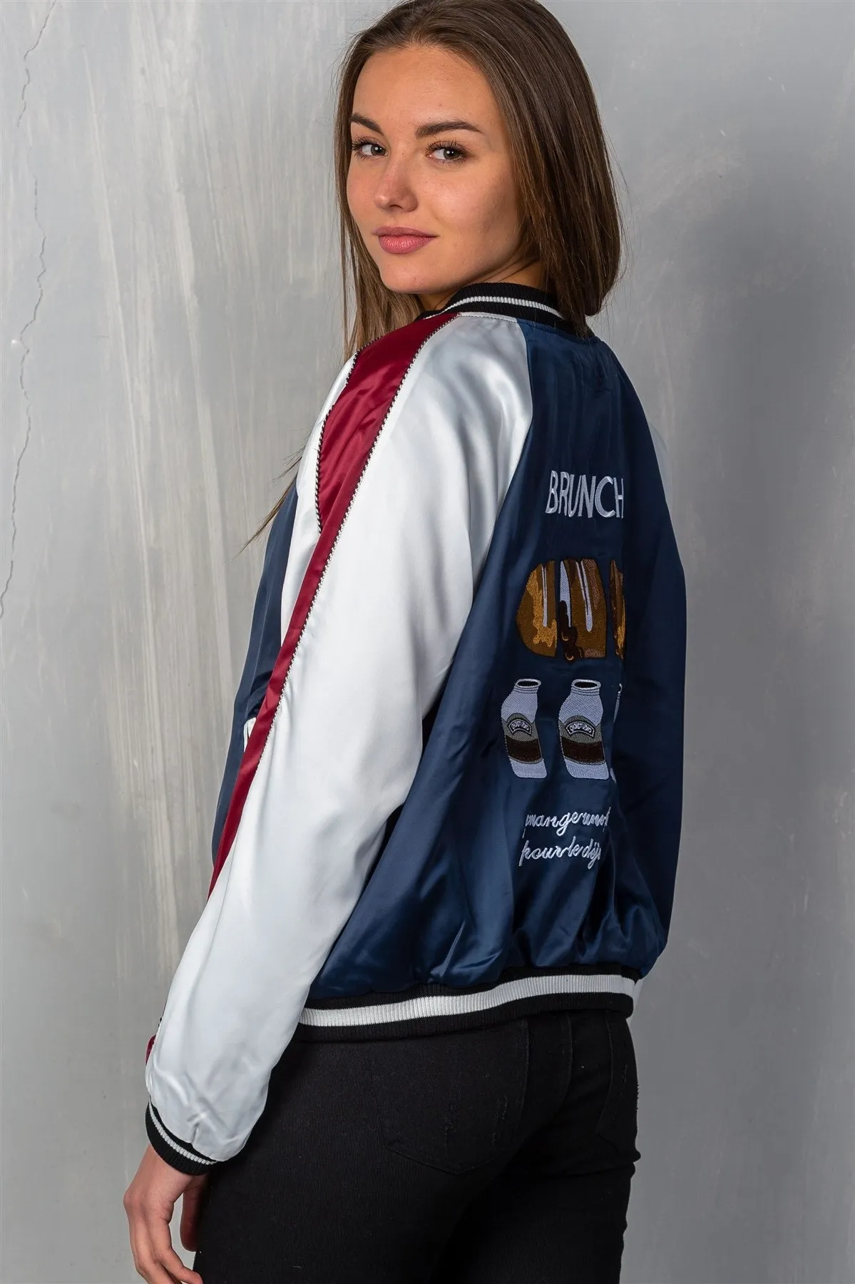Ladies fashion navy "brunch" embroidered bomber color-block jacket