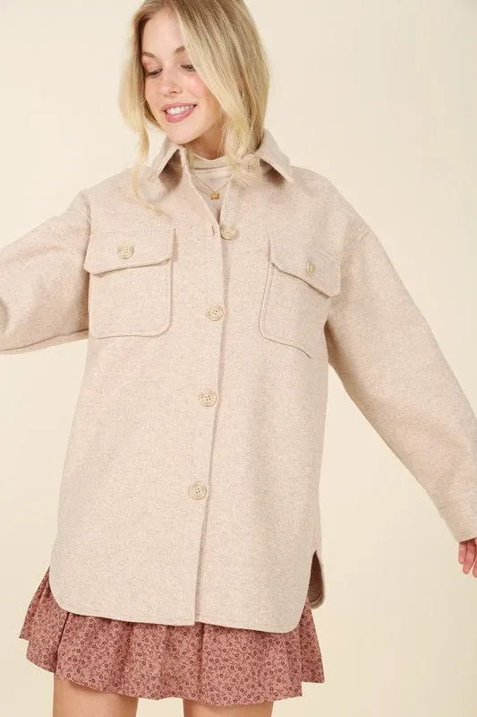 Light beige shacket with pockets | Beige Nude Elongated Shirt Jacket | Collared Flop Pockets Shirt | Loose Fit Casual Plaid Shacket